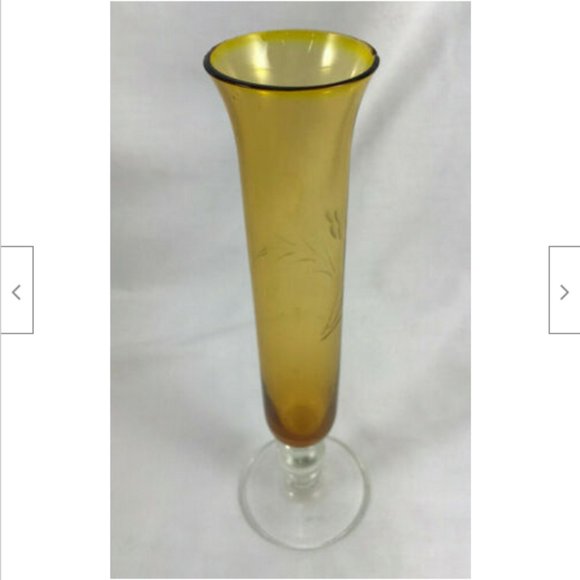 8" Etched Berry & Vine Amber Glass Flower Bud Vase with Clear Base - Picture 6 of 8